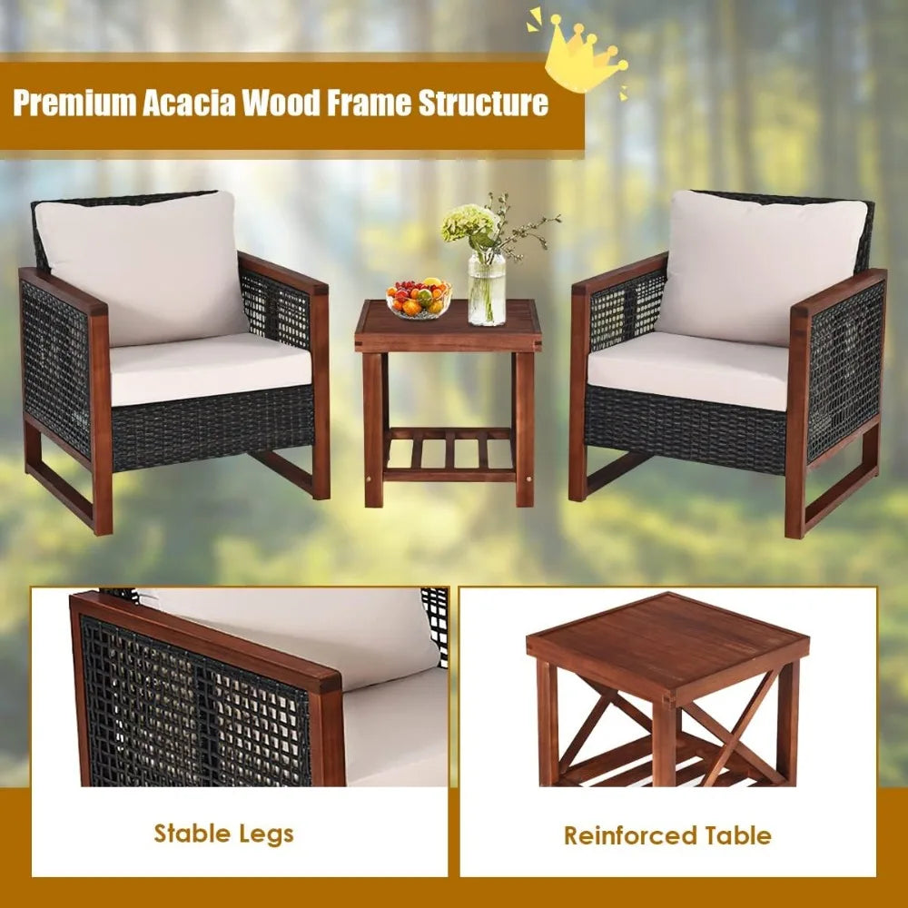 3 Pieces Outdoor Patio Furniture Set Wicker Chairs with Coffee Table, Balcony Porch Furniture Bistro Set