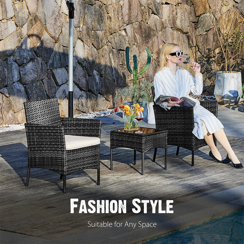 JHK Outdoor Patio Furniture Set 3 Pieces with Soft Cushion and Glass Table Manual Weaving Wicker Rattan Patio Chairs For Garden