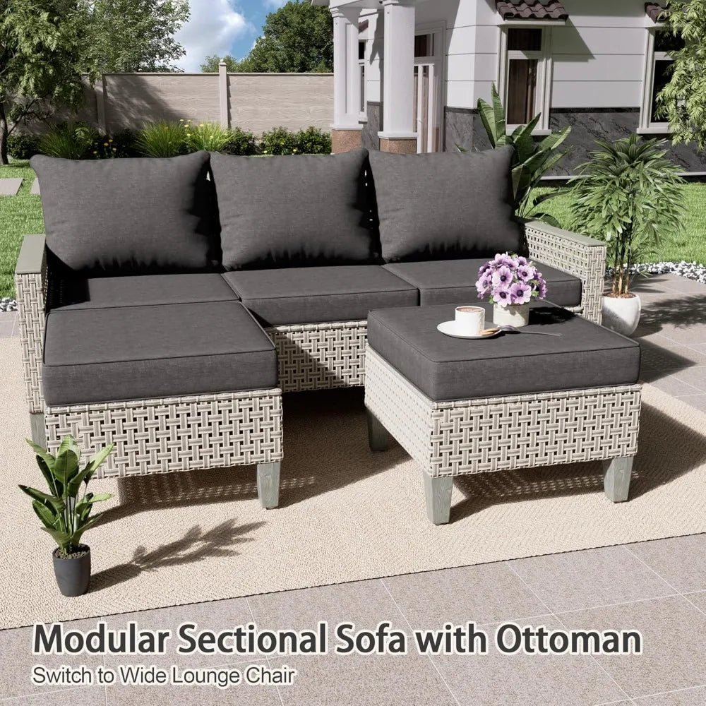Outdoor Patio Furniture Set 7-Piece Modular Wicker Sectional Sofa with Ottomans and Thick Cushions, Modern Rattan Outdoor