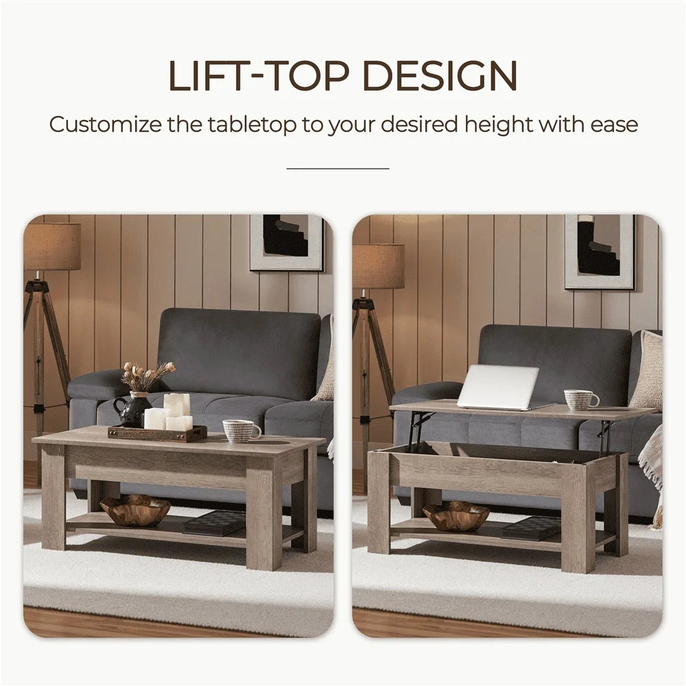 Wooden Lift Top Coffee Table with Hidden Storage and Open Shelf Great Small Spaces Multi-Functional Living Room Furniture