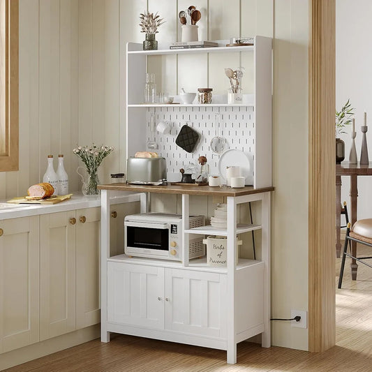 ChooChoo Bakers Rack with Power Outlet, Microwave Stand Kitchen Cabinet with Storage, Coffee Bar Cabinet with Hutch and Pegboard