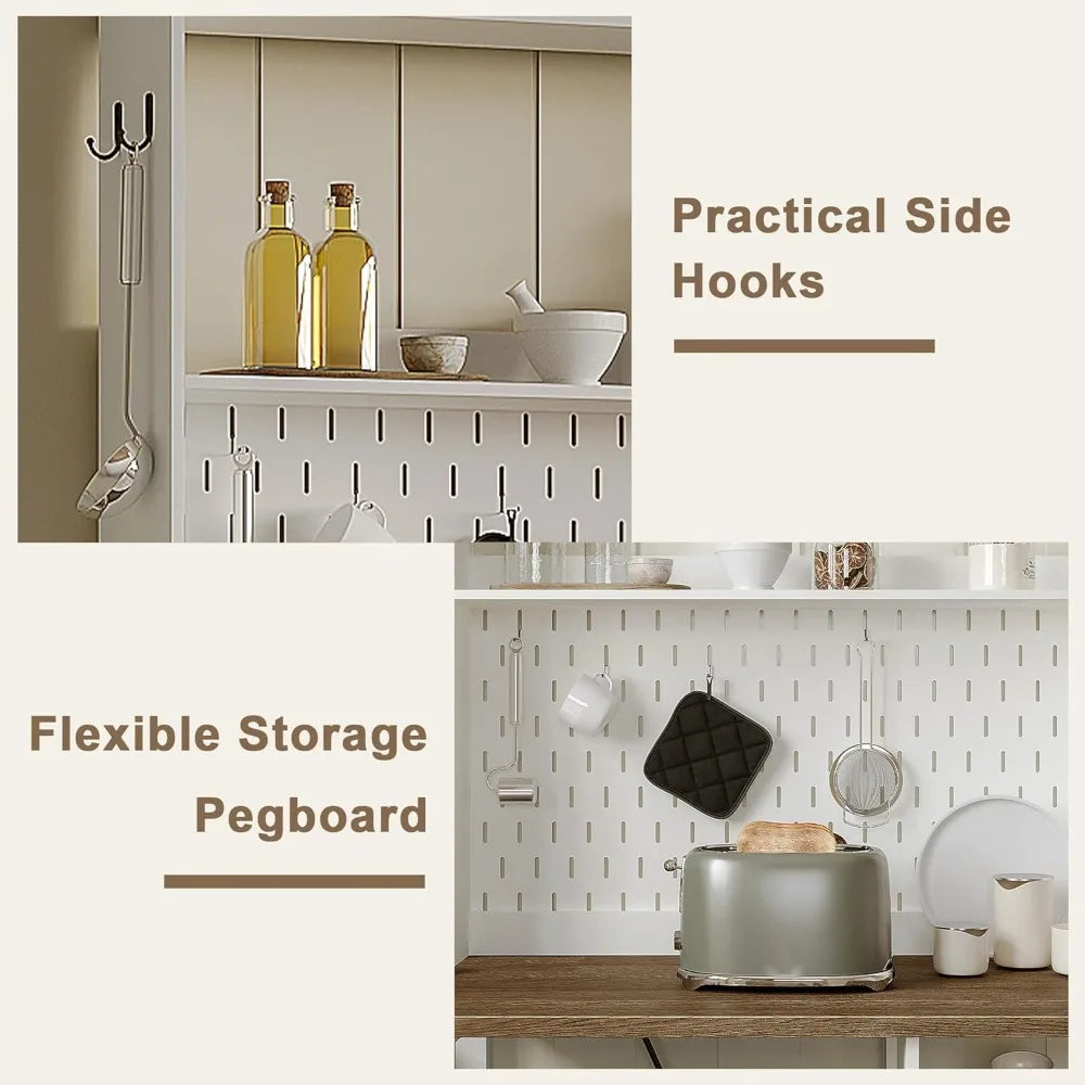 ChooChoo Bakers Rack with Power Outlet, Microwave Stand Kitchen Cabinet with Storage, Coffee Bar Cabinet with Hutch and Pegboard