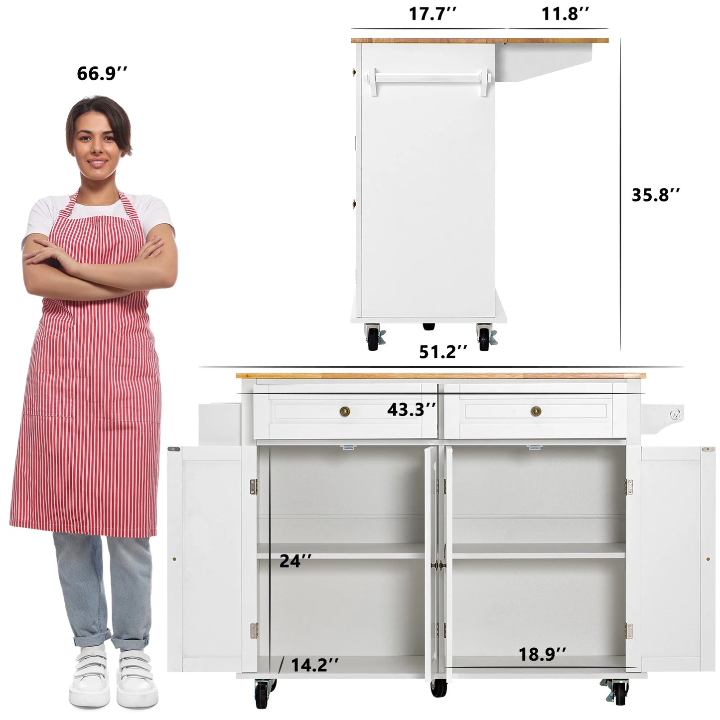 QiaoShiRen Rolling Kitchen Island With Drop Leaf Storage