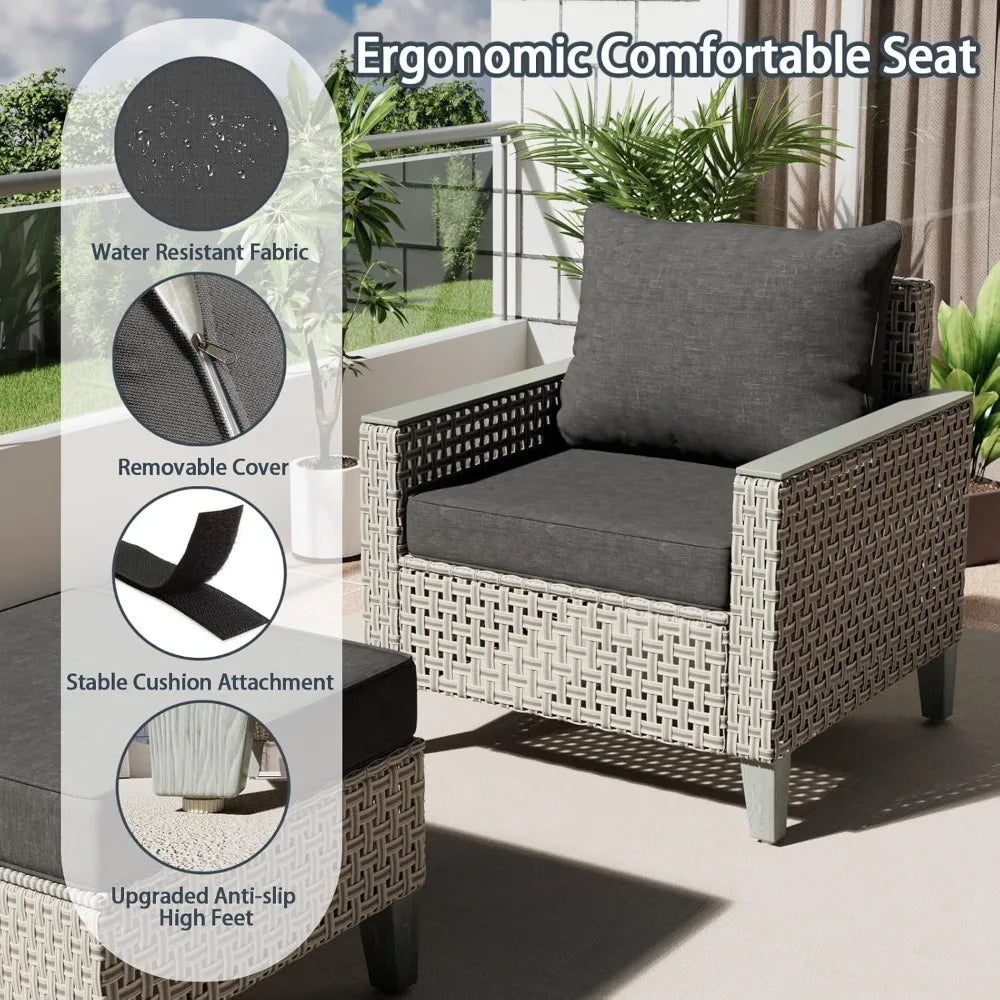 Outdoor Patio Furniture Set 7-Piece Modular Wicker Sectional Sofa with Ottomans and Thick Cushions, Modern Rattan Outdoor