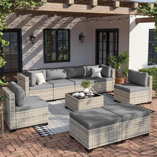 Outdoor Modular Sectional With Rattan Ottomans Rustproof