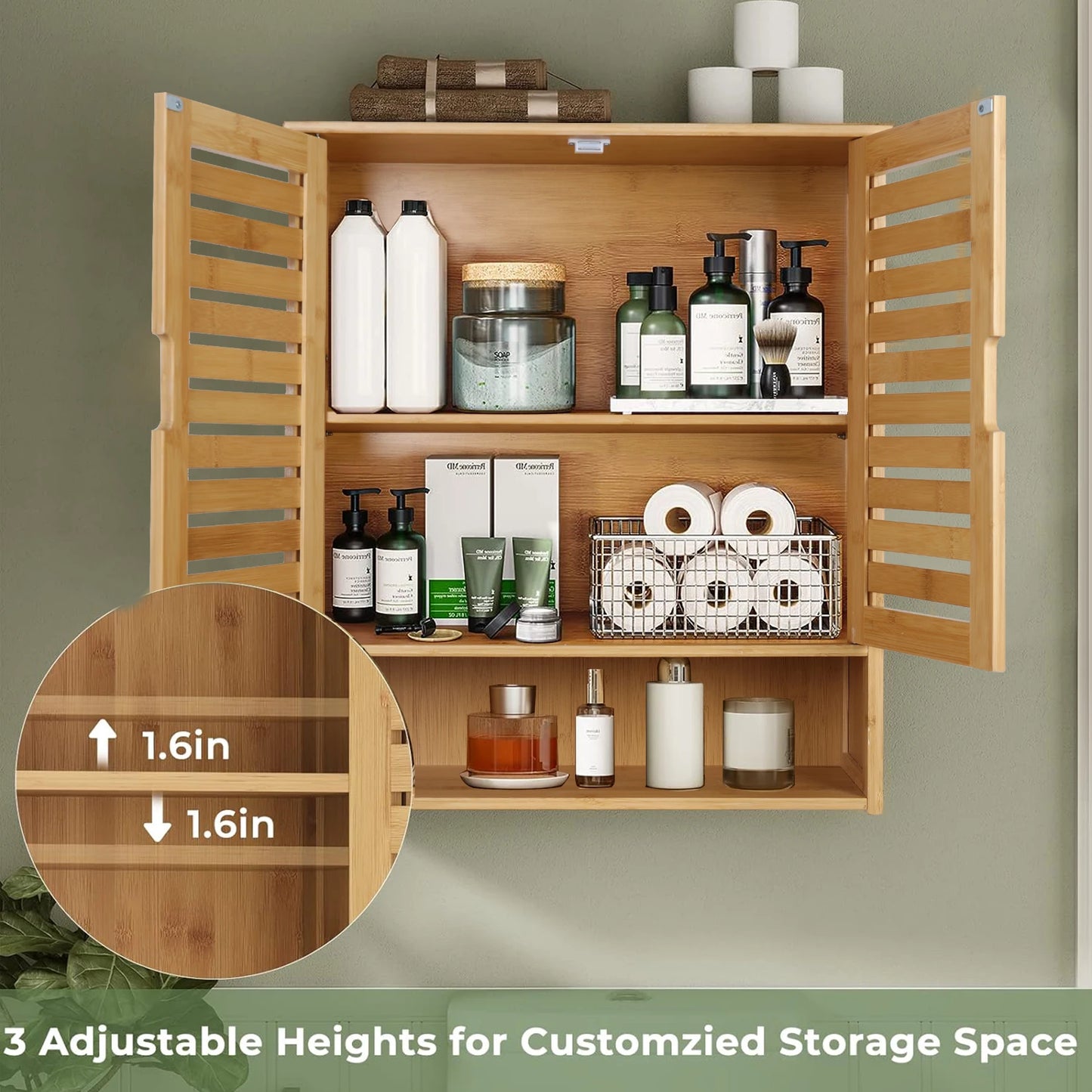 Wisfor Bamboo Bathroom Wall Cabinet With Medicine 2 Doors
