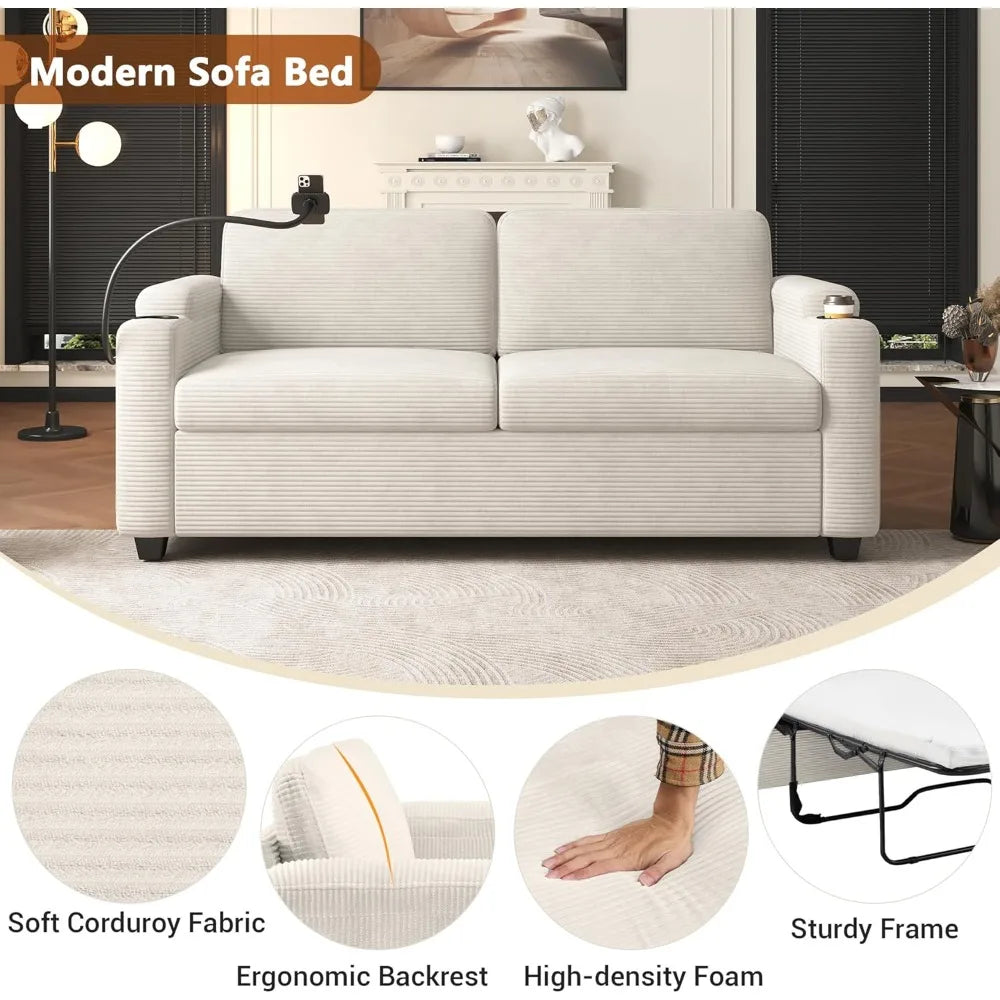 72.8" Corduroy Sleeper Sofa Loveseat Sofa with Full Size Mattress, Two USB Ports, Two Cup Holders, Two Side Pockets and a Phone