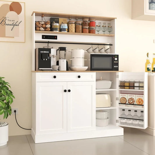 72" Kitchen Pantry Storage Cabinet with Power Outlets,Farmhouse Food Pantry Cabinets with Microwave Stand,Freestanding Kitchen H