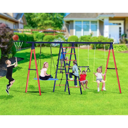 Swing Sets for Backyard, 6 in 1 Toddler Swingset Outdoor for Backyard for Kids 3-12, Heavy Duty Metal Swing Sets with 2 Swings C