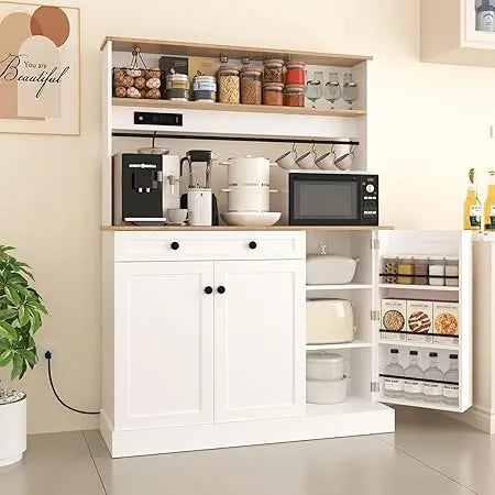 72" Kitchen Pantry Storage Cabinet with Power Outlets,Farmhouse Food Pantry Cabinets with Microwave Stand,Freestanding Kitchen H