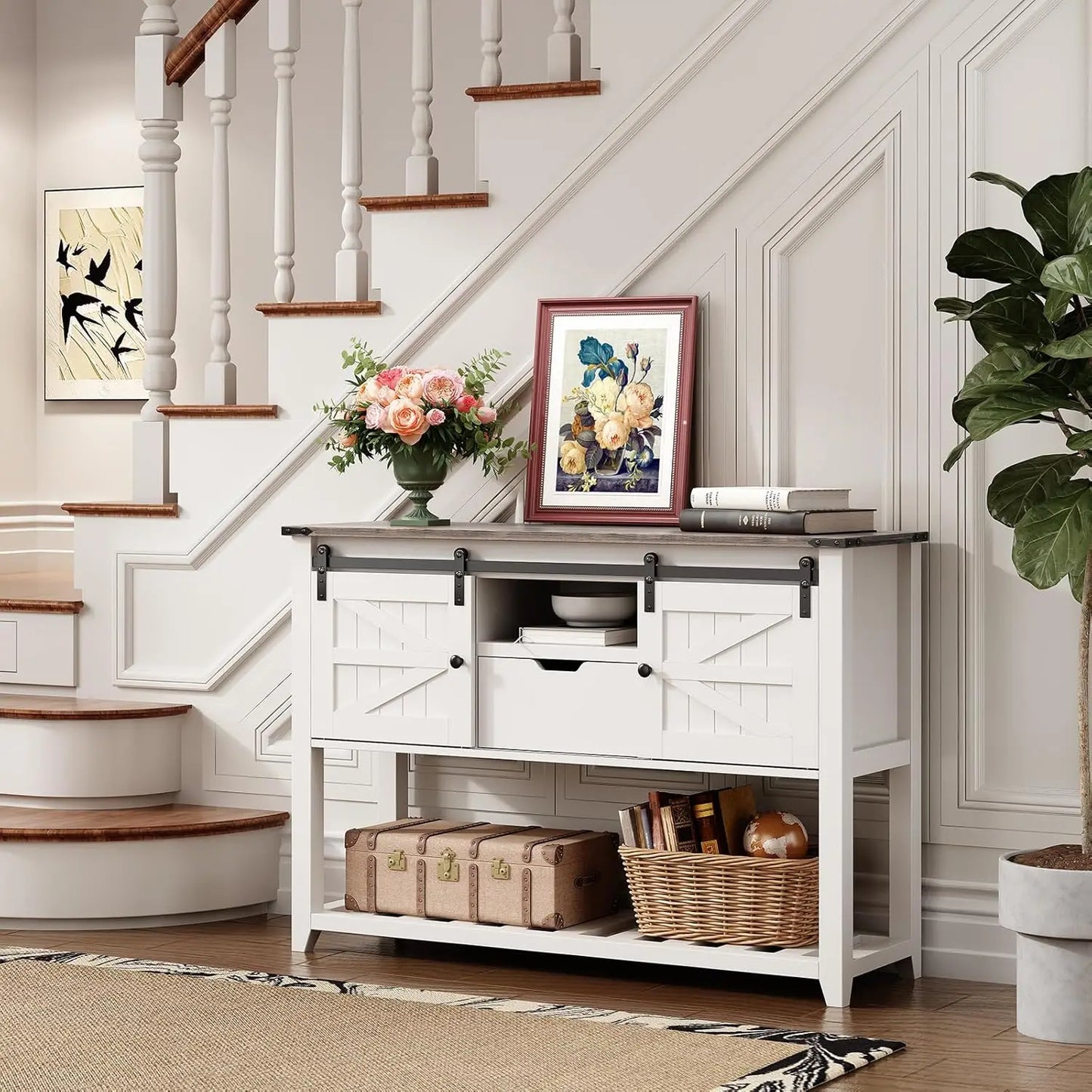 Redlife Entryway Table w/ Sliding Barn Doors, 46" Farmhouse Sofa Console Table w/ Storage Shelf for Hallway Entryway Living Roo