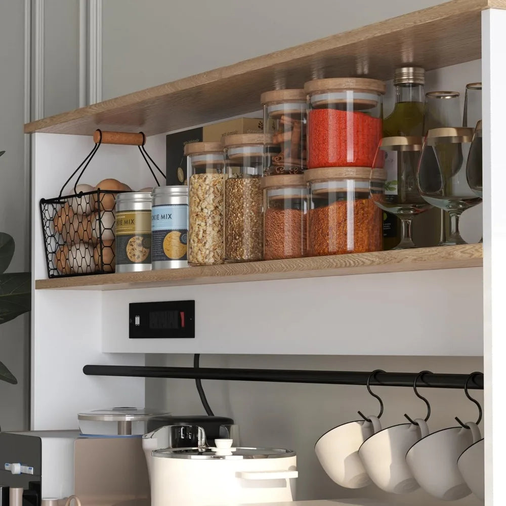 72" Kitchen Pantry Storage Cabinet with Power Outlets,Farmhouse Food Pantry Cabinets with Microwave Stand,Freestanding Kitchen H