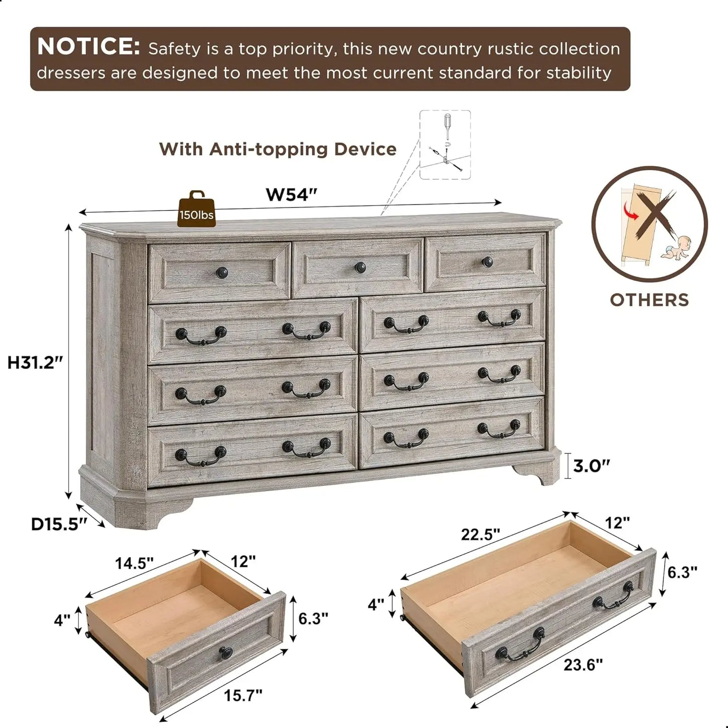 XMSJHign-concerned Farmhouse Dresser Chest Rustic Wood