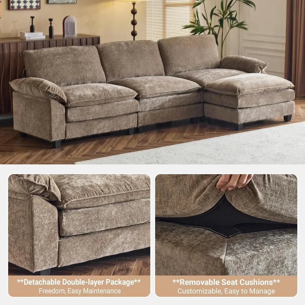 deep seated modular convertible sofa with movable double-layer ottoman, l-shape cloud sofa with chaise and armrests, oversized