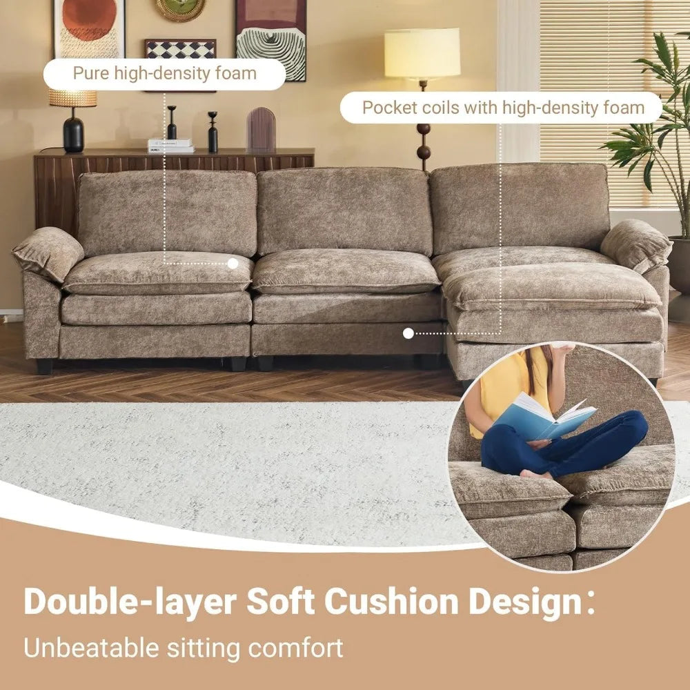 deep seated modular convertible sofa with movable double-layer ottoman, l-shape cloud sofa with chaise and armrests, oversized