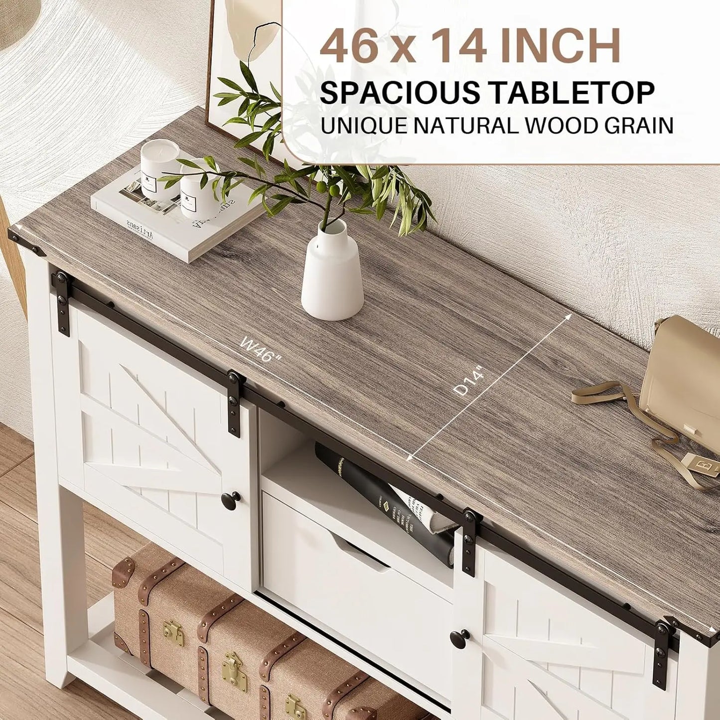 Redlife Entryway Table w/ Sliding Barn Doors, 46" Farmhouse Sofa Console Table w/ Storage Shelf for Hallway Entryway Living Roo