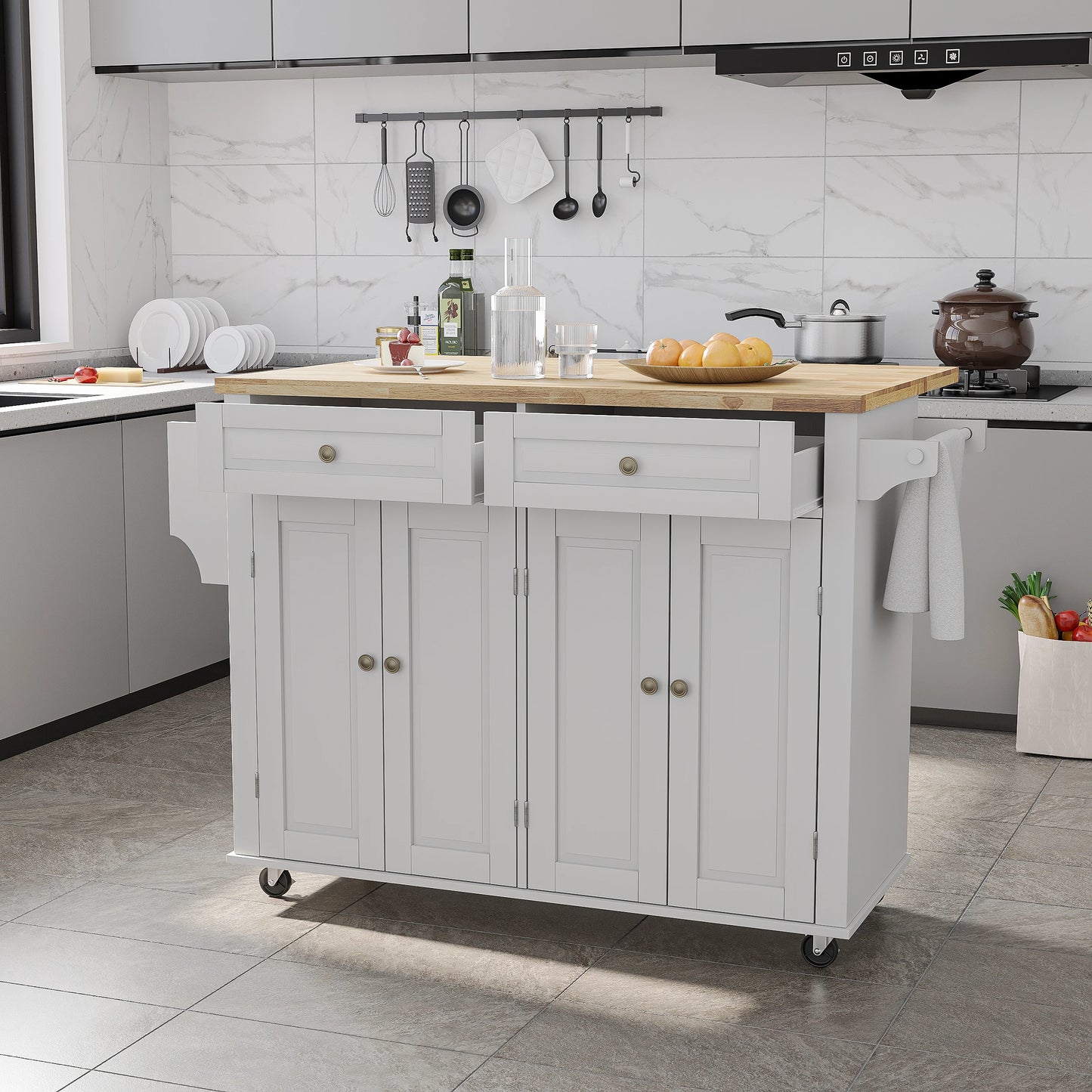 QiaoShiRen Rolling Kitchen Island With Drop Leaf Storage