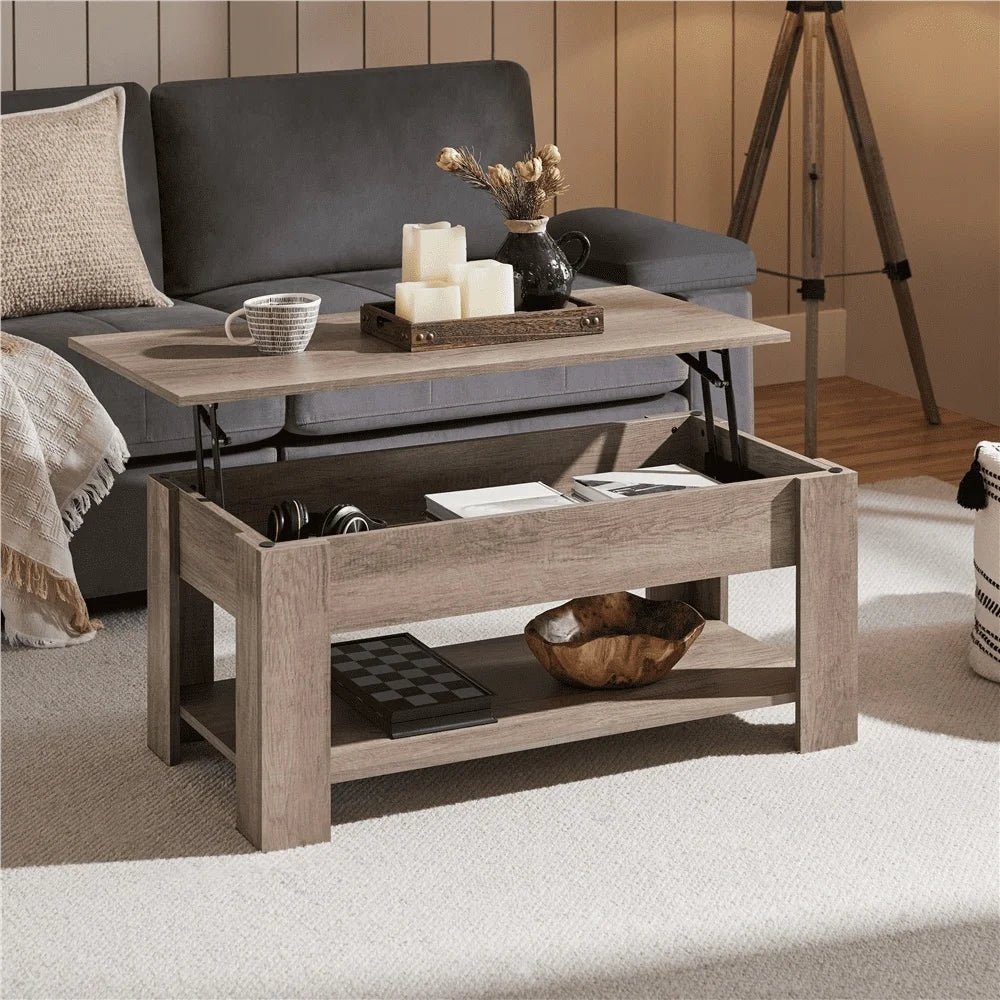 Wooden Lift Top Coffee Table with Hidden Storage and Open Shelf Great Small Spaces Multi-Functional Living Room Furniture