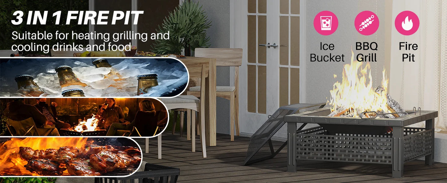 30 Inch Fire Pit, Square Outdoor Fireplace Table w/ Mesh Lid & Fire Poker, 3-in-1 Multipurpose Firepits for Yard, Garden, Patio