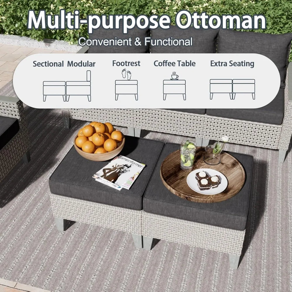 Outdoor Patio Furniture Set 7-Piece Modular Wicker Sectional Sofa with Ottomans and Thick Cushions, Modern Rattan Outdoor