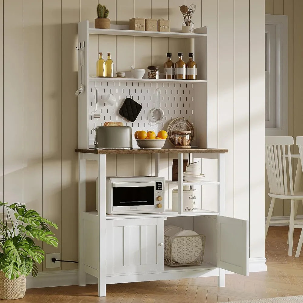 ChooChoo Bakers Rack with Power Outlet, Microwave Stand Kitchen Cabinet with Storage, Coffee Bar Cabinet with Hutch and Pegboard