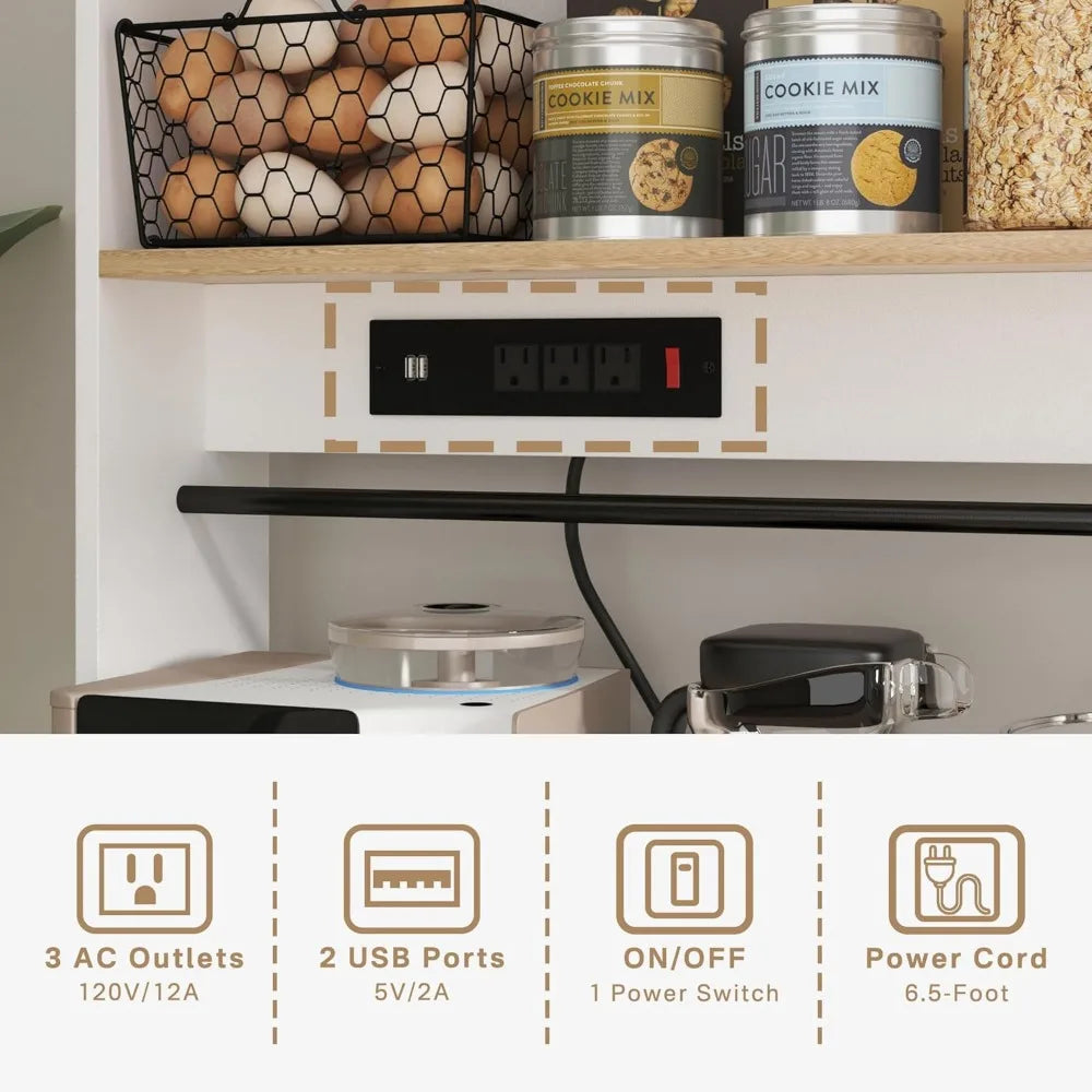 72" Kitchen Pantry Storage Cabinet with Power Outlets,Farmhouse Food Pantry Cabinets with Microwave Stand,Freestanding Kitchen H