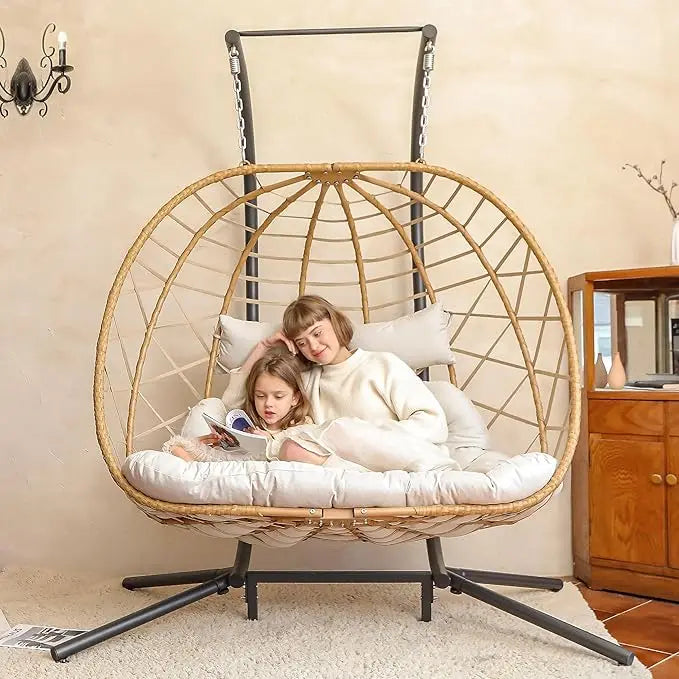 Double Egg Swing Chair with Stand, 2 Person Outdoor Indoor Hammock Hanging Chair with Cushion for Patio Living Room