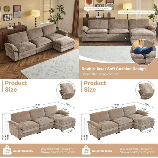 deep seated modular convertible sofa with movable double-layer ottoman, l-shape cloud sofa with chaise and armrests, oversized