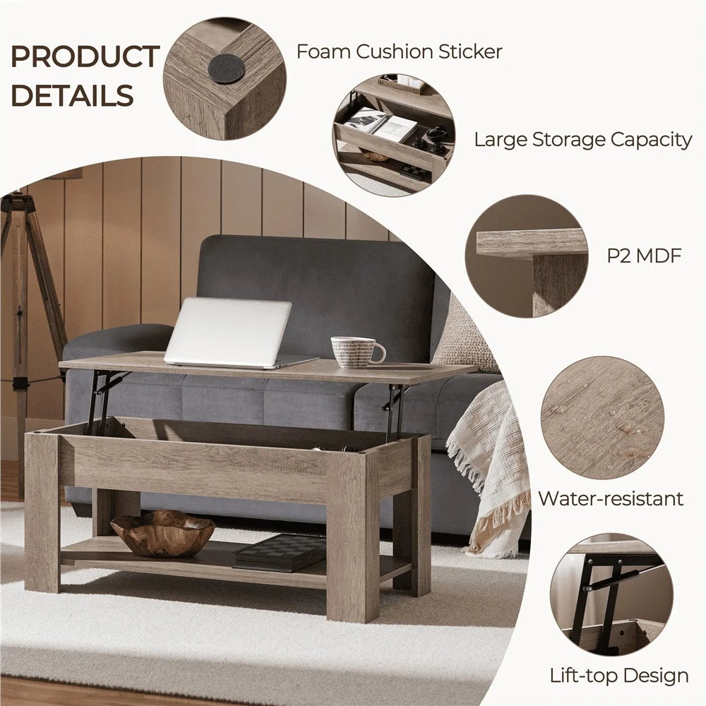 Wooden Lift Top Coffee Table with Hidden Storage and Open Shelf Great Small Spaces Multi-Functional Living Room Furniture