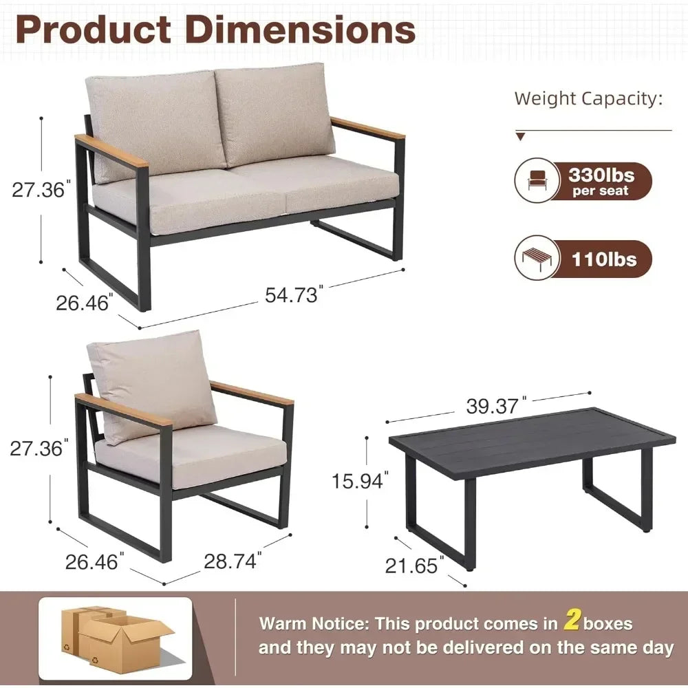Patio Furniture Set, 4 Pieces Outdoor Patio Furniture with Coffee Table Set, Metal Patio Conversation Sets with Washable