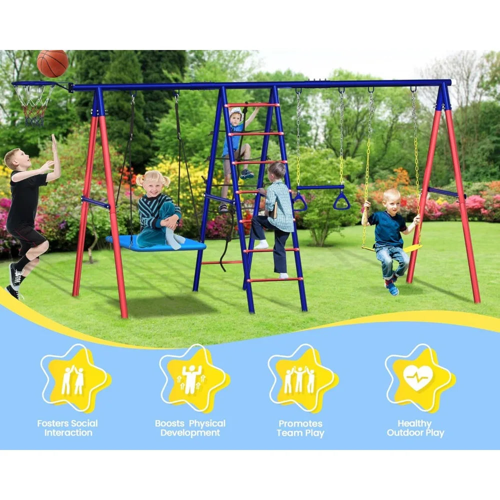 Swing Sets for Backyard, 6 in 1 Toddler Swingset Outdoor for Backyard for Kids 3-12, Heavy Duty Metal Swing Sets with 2 Swings C