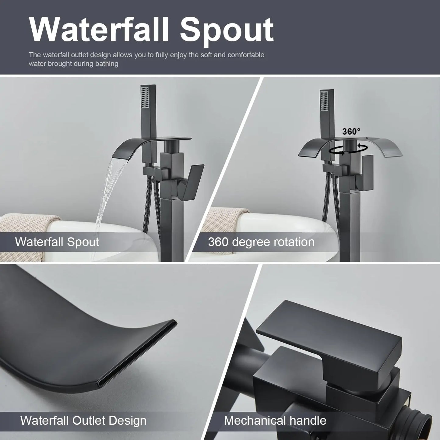 Quyanre Waterfall Brass Free Standing Tub Filler Faucet Hand Shower