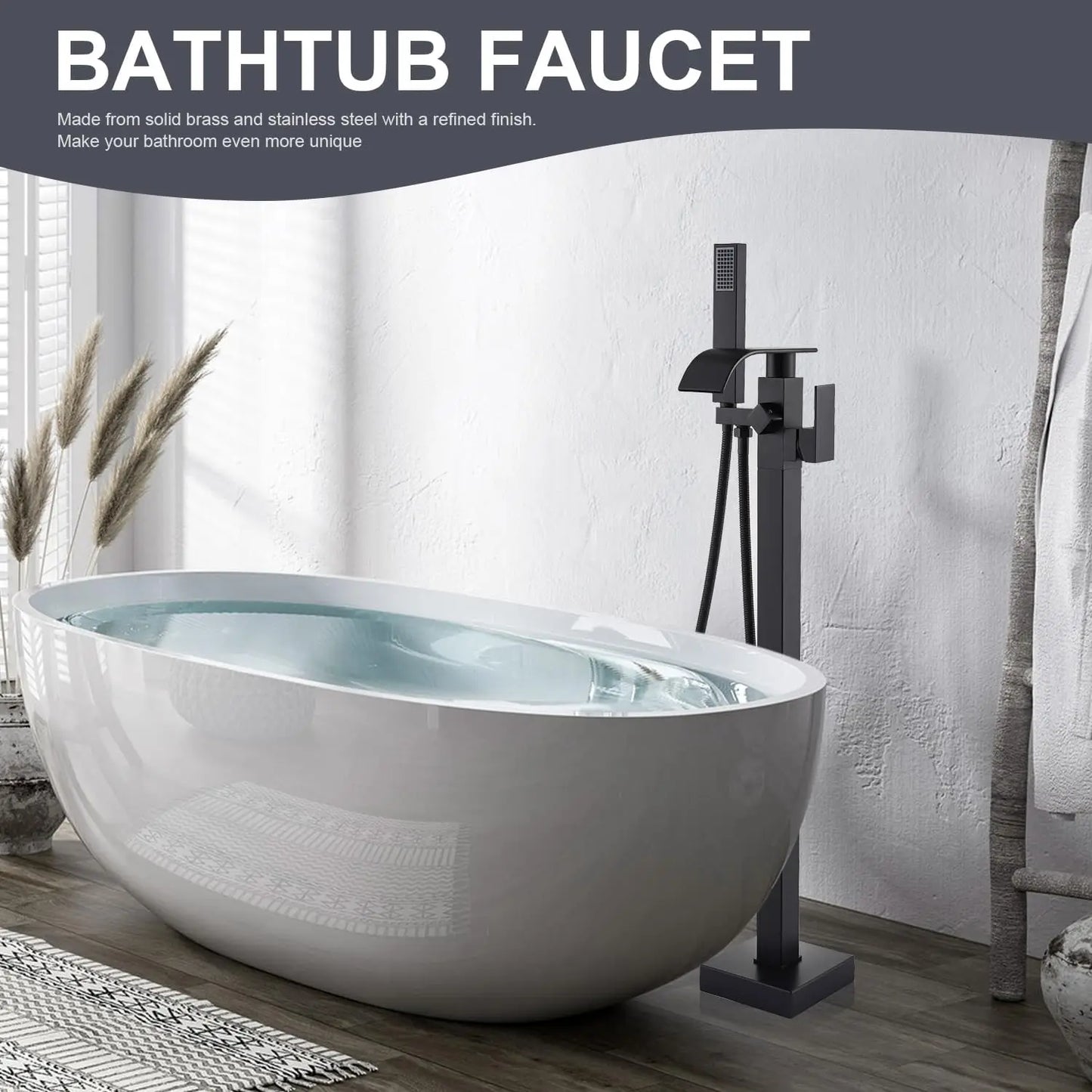 Quyanre Waterfall Brass Free Standing Tub Filler Faucet Hand Shower
