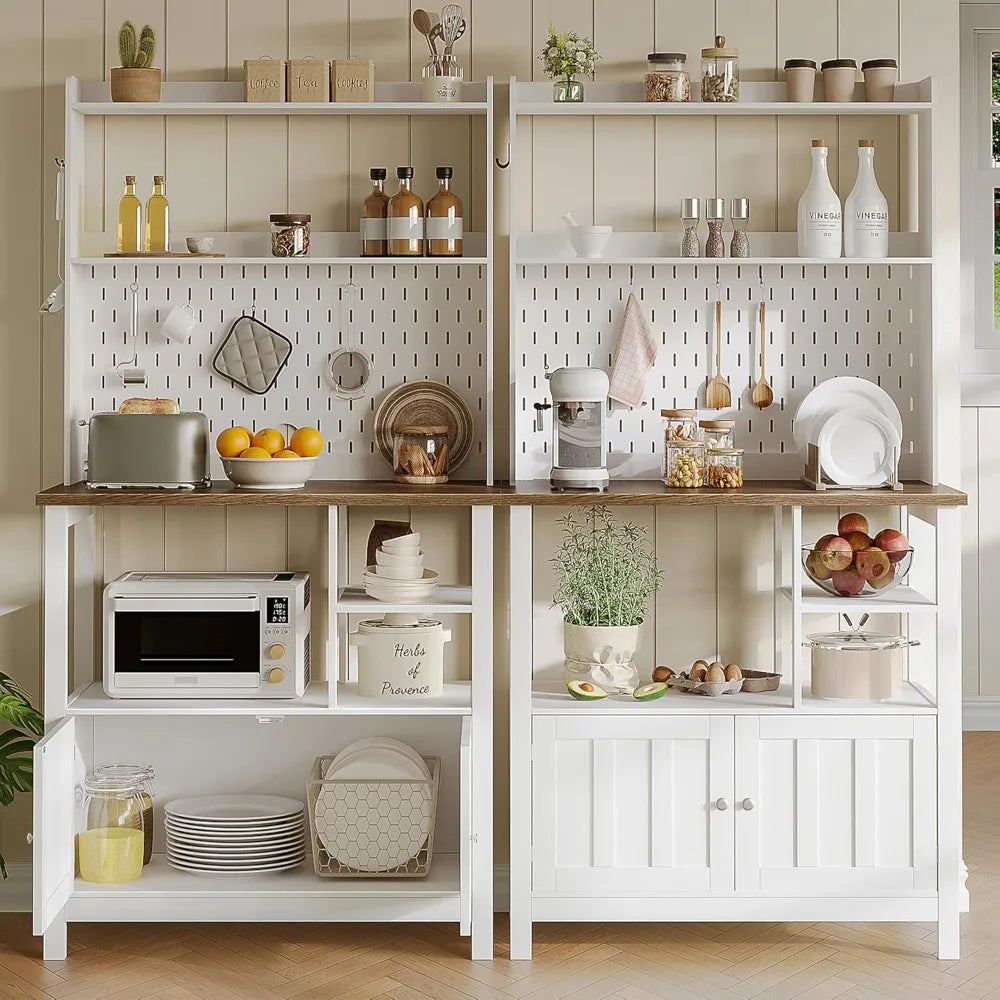 ChooChoo Bakers Rack with Power Outlet, Microwave Stand Kitchen Cabinet with Storage, Coffee Bar Cabinet with Hutch and Pegboard