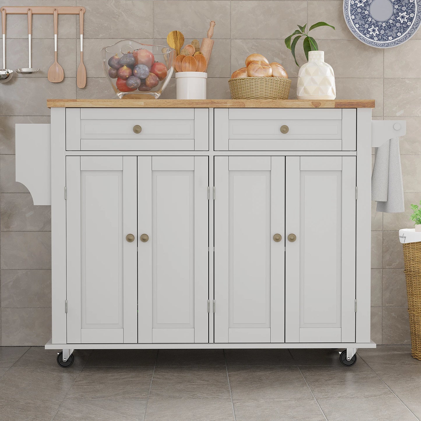 QiaoShiRen Rolling Kitchen Island With Drop Leaf Storage