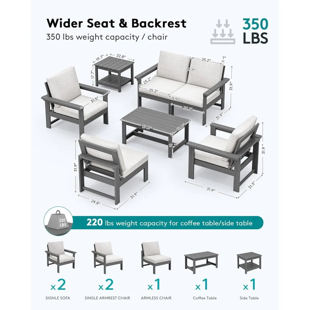 NEW-Patio Furniture Set,7Piece Outdoor Sectional Sofa Set,All Weather Outdoor Couch Set for Deck,Lawn,Grey Frame w/Khaki Cushion