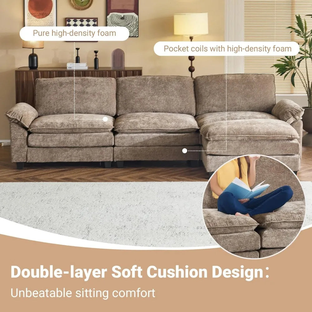 deep seated modular convertible sofa with movable double-layer ottoman, l-shape cloud sofa with chaise and armrests, oversized