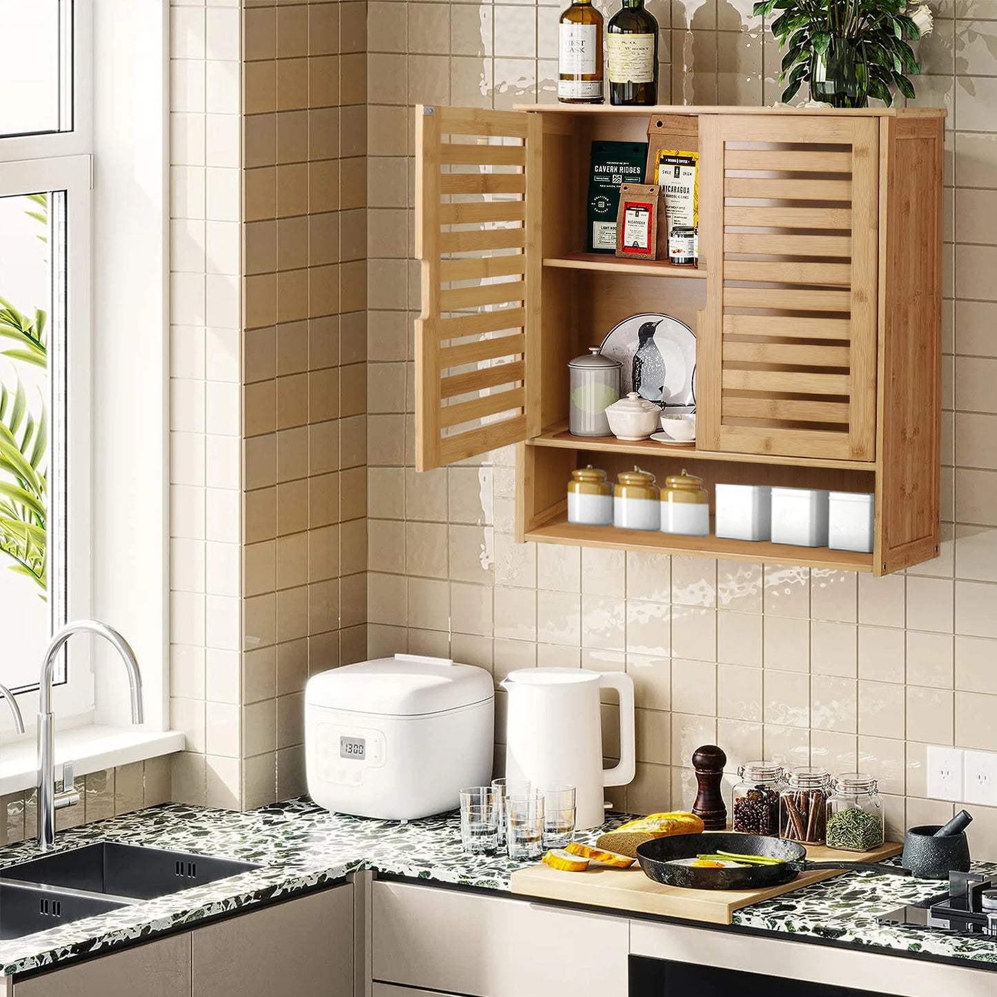 Wisfor Bamboo Bathroom Wall Cabinet With Medicine 2 Doors