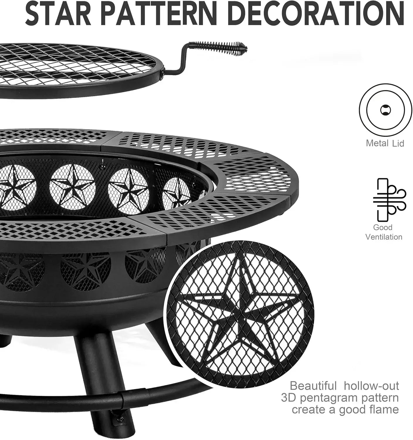36 Inch Fire Pit with Cooking Grill,Outdoor Wood Burning BBQ Firepit with Lid, 3-in-1 Outdoor Fire Pit Patio Picnic (36")