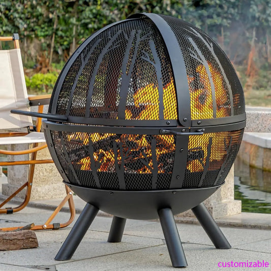 35 Inch Wood Burning Fire Pit with BBQ Grill, Heavy Duty Fire Pits Ball for Outside with Spark Screen & Removable Ash Pan