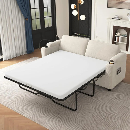 72.8" Corduroy Sleeper Sofa Loveseat Sofa with Full Size Mattress, Two USB Ports, Two Cup Holders, Two Side Pockets and a Phone