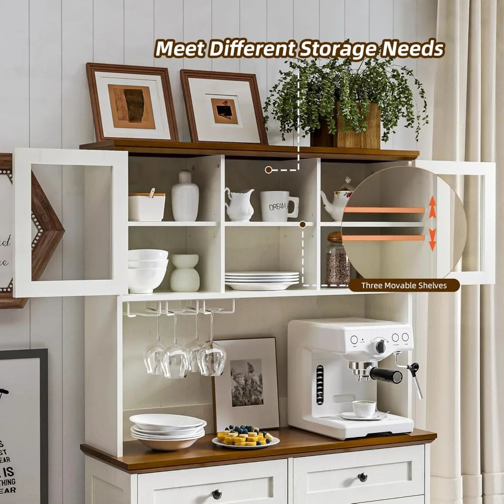 72" Kitchen Pantry Storage Cabinet with Tilt Out Trash Bin & Microwave Stand, Freestanding Coffee Hutch Bar Cabinet with Adjusta