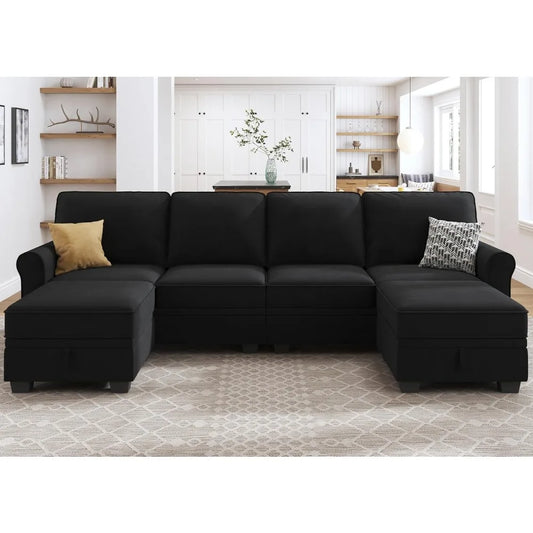 MKDK Velvet Sectional Sofa With Storage Seat U Shaped Couch