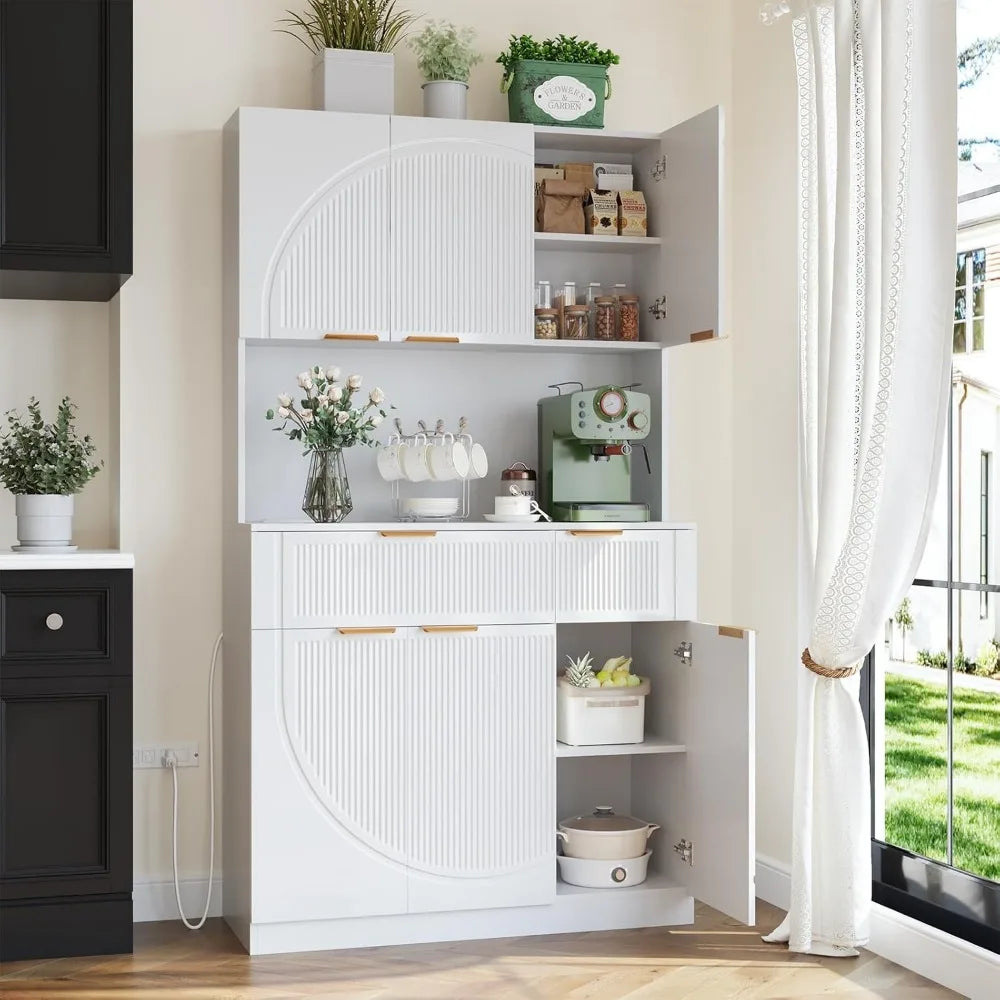 71" Kitchen Pantry With Charging Station, White Modern Hutch With Drawers & Microwave Stand, Buffet Cabinet With Countertop for