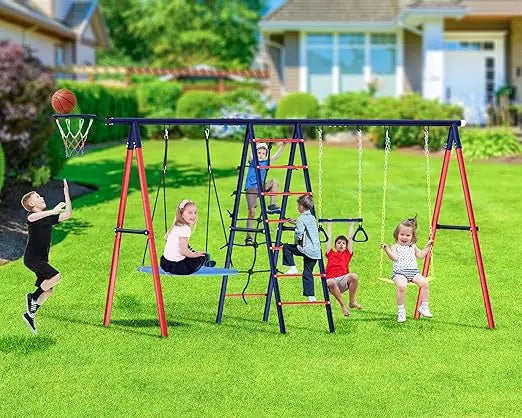 Swing Sets for Backyard, 6 in 1 Toddler Swingset Outdoor for Backyard for Kids 3-12, Heavy Duty Metal Swing Sets with 2 Swings C