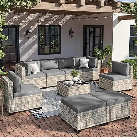 Outdoor Modular Sectional With Rattan Ottomans Rustproof