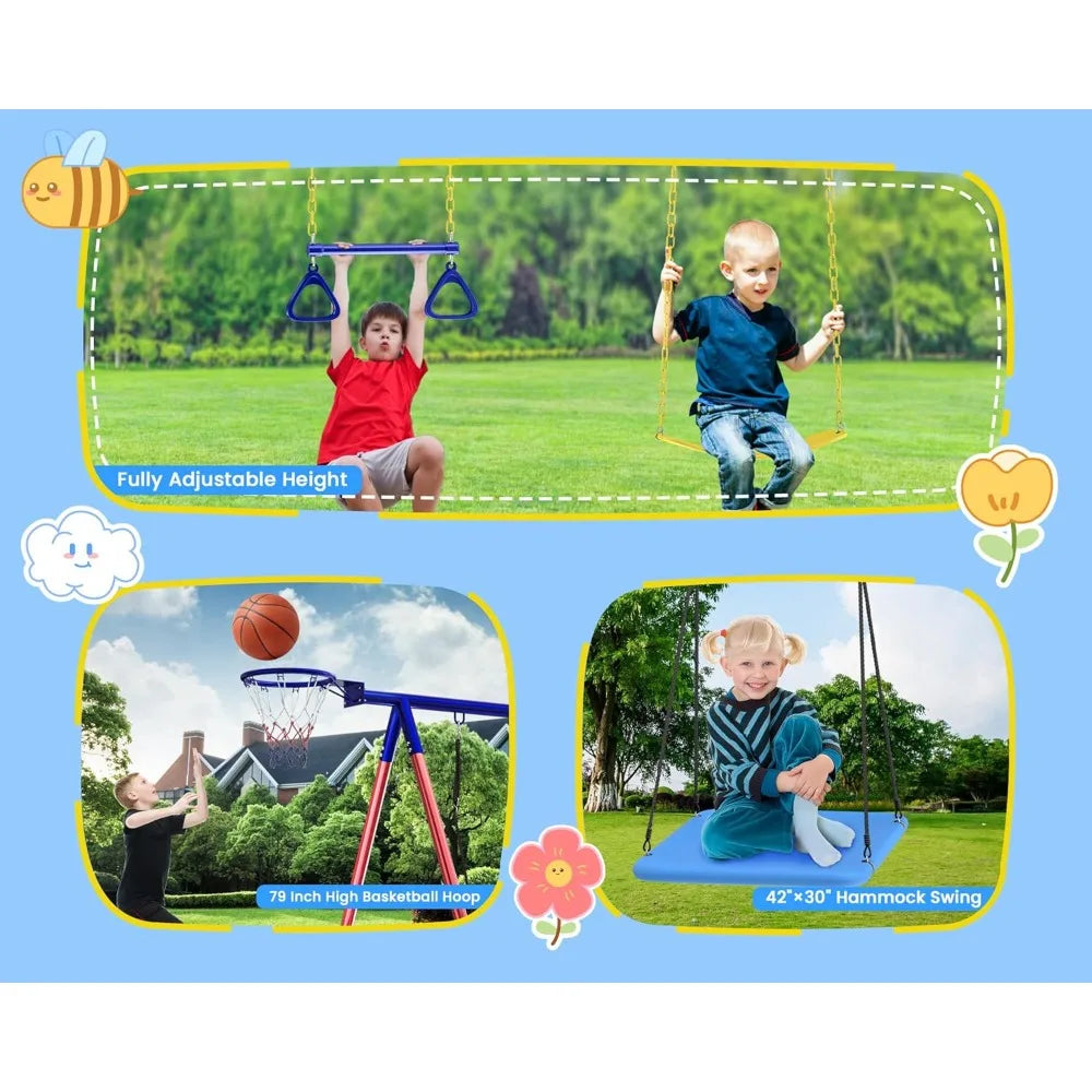 Swing Sets for Backyard, 6 in 1 Toddler Swingset Outdoor for Backyard for Kids 3-12, Heavy Duty Metal Swing Sets with 2 Swings C