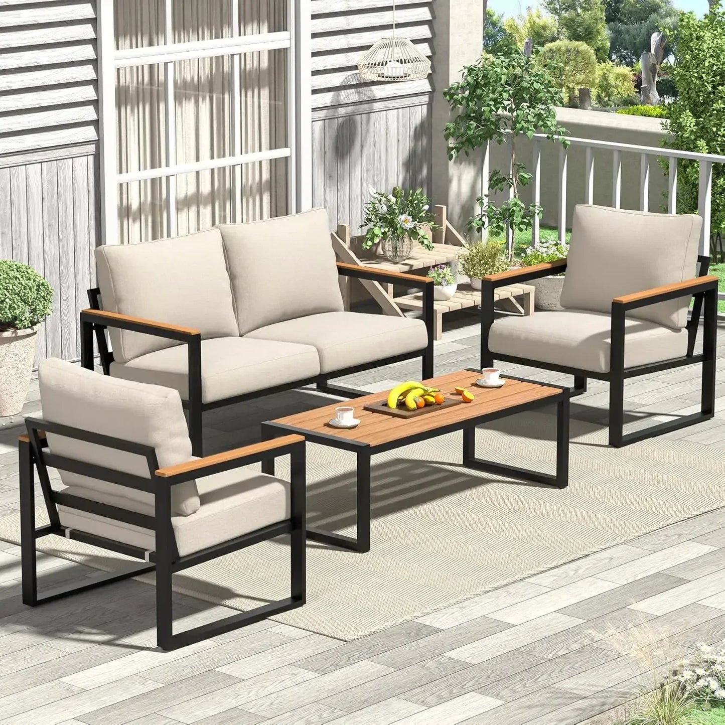 Patio Furniture Set, 4 Pieces Outdoor Patio Furniture with Coffee Table Set, Metal Patio Conversation Sets with Washable