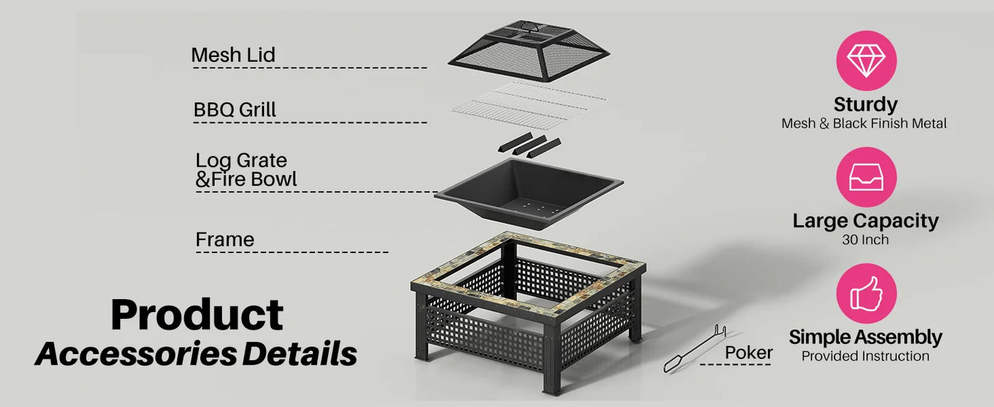 30 Inch Fire Pit, Square Outdoor Fireplace Table w/ Mesh Lid & Fire Poker, 3-in-1 Multipurpose Firepits for Yard, Garden, Patio