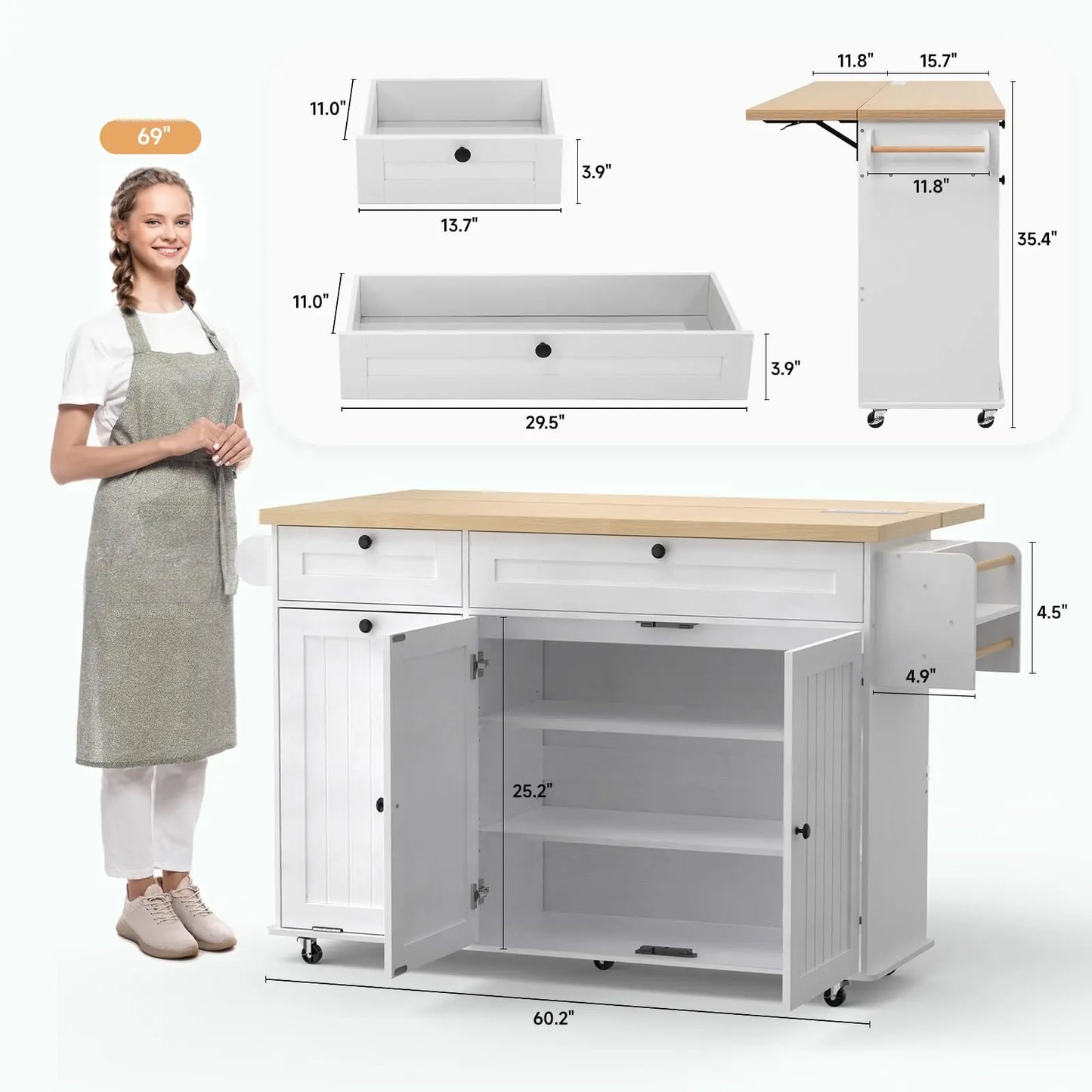 ONBRILL Drop Leaf Kitchen Island With Power Outlet Pro